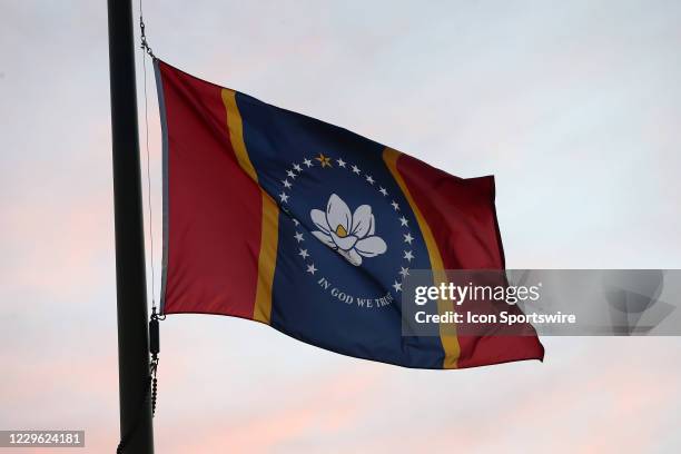 The new Mississippi state flag flies outside the stadium before the game between the Ole Miss Rebels and the South Carolina Gamecocks on November 14...