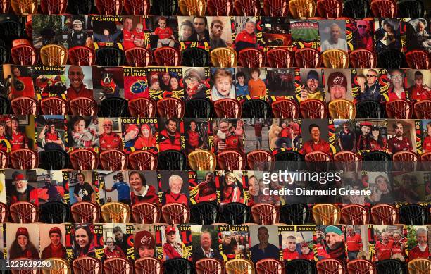Limerick , Ireland - 15 November 2020; Photographs of Munster supporters are seen in the West Stand during the Guinness PRO14 match between Munster...
