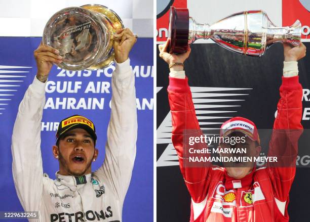 This combination of file pictures made on November 15 shows Mercedes AMG Petronas British driver Lewis Hamilton celebrating winning the Formula One...