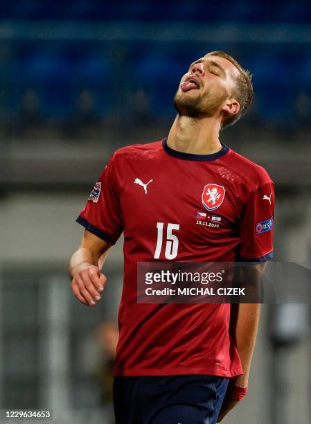 Czech Republic's midfielder Tomas Soucek reacts during during the UEFA Nations League football match Czech Republic v Israel in Plzen on November 15,...