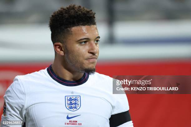 England's striker Jadon Sancho reacts during the UEFA Nations League football match between Belgium and England, on November 15, 2020 at Den Dreef...