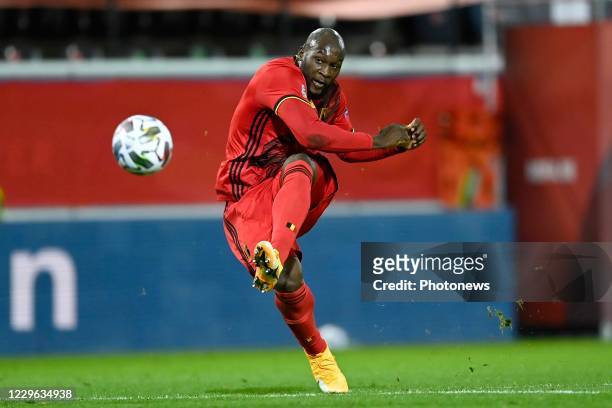 Romelu Lukaku forward of Belgium shoots towards the goal during the UEFA Nations League match group stage final tournament - League A - Group 2...