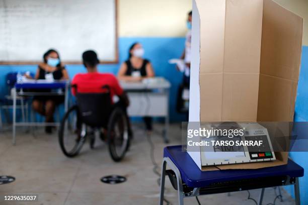 View of voting machine at a polling station in Igarape Miri, Para state, Brazil on November 15 during the first round of municipal elections amid the...