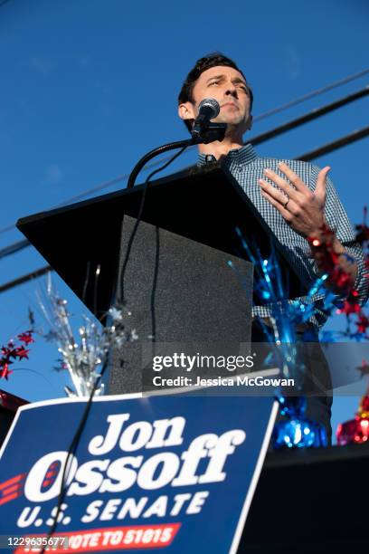 Democratic U.S. Senate candidate Jon Ossoff of Georgia speaks to supporters during a rally on November 15, 2020 in Marietta, Georgia. Ossoff faces...