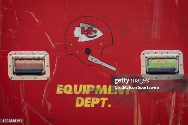 Kansas City Chiefs logo on sideline equipment during the game against the Carolina Panthers at Arrowhead Stadium in Kansas City, Missouri.