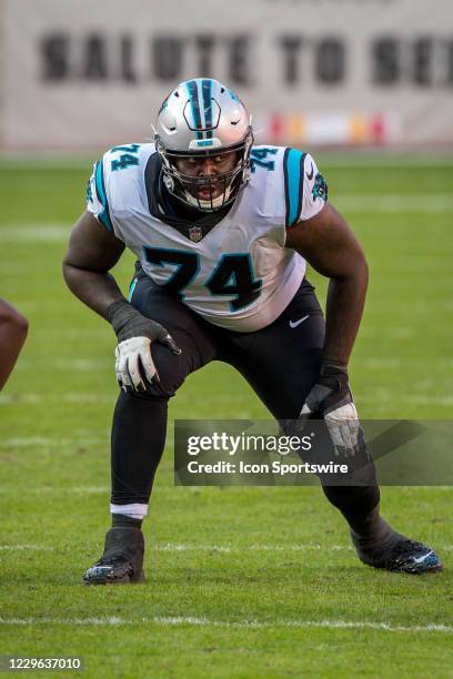 Carolina Panthers offensive tackle Greg Little ready for the play during the game against the Kansas City Chiefs at Arrowhead Stadium in Kansas City,...
