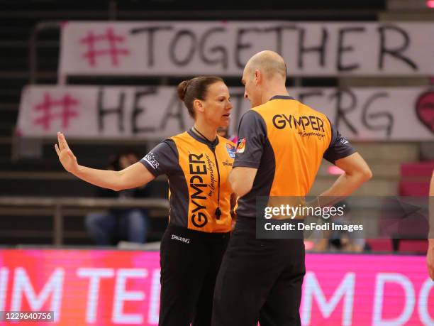 Referee Anne Panther and Referee Nesa Kovacevic speaks with during the EasyCredit Basketball Bundesliga match between Telekom Baskets Bonn and MHP...