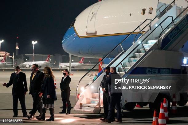 Ambassador to Turkey David Satterfield welcomes US Secretary of State Mike Pompeo and his wife Susan Pompeo upon their arrival at Istanbul Airport in...
