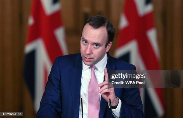 Health Secretary Matt Hancock holds a virtual press conference on the latest coronavirus developments at Downing Street on November 16, 2020 in...