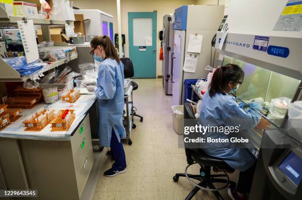 Hospital workers process COVID-19 tests in the lab at Massachusetts General Hospital in Boston on Nov. 12, 2020. As coronavirus cases rise all across...