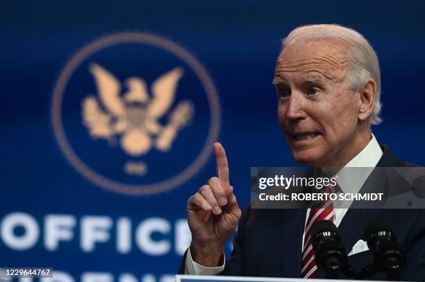 President-elect Joe Biden speaks during a press conference at The Queen in Wilmington, Delaware on November 16, 2020. - US President-elect Joe Biden...