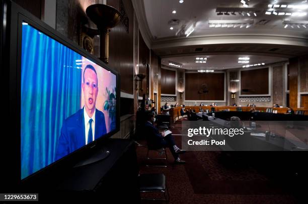 Mark Zuckerberg, Chief Executive Officer of Facebook, testifies remotely during the Senate Judiciary Committee hearing on "Breaking the News:...