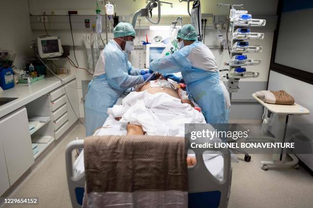 Medical personnel attend a Covid-19 patient at the intensive care unit of the clinic of Occitanie in Muret, near Toulouse, southern France on...