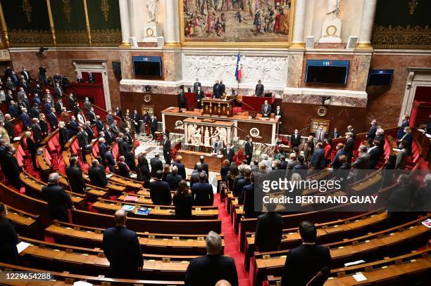 French MPs stand as they hold a minute of silence to pay tribute to the French soldier who died in a helicopter crash in Egypt's Sinai, on November...