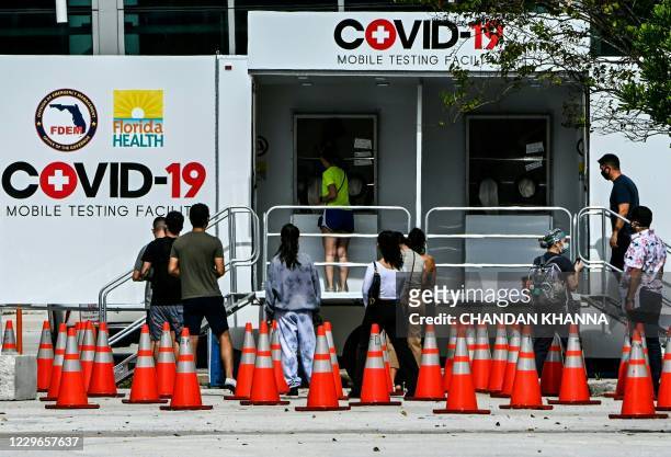 People line up at a walk-up COVID-19 testing site in Miami Beach, Florida on November 17, 2020. - US biotech firm Moderna on November 16, 2020...