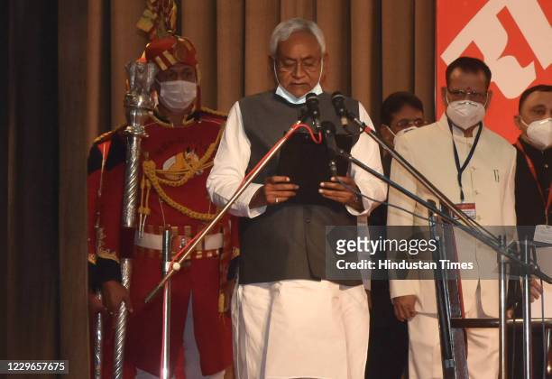 Nitish Kumar takes oath as chief minister at Raj Bhawan, on November 16, 2020 in Patna, India.