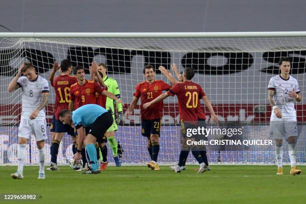 Spain's players celebrate their sixth goal scored by Spain's midfielder Mikel Oyarzabal during the UEFA Nations League footbal match between Spain...