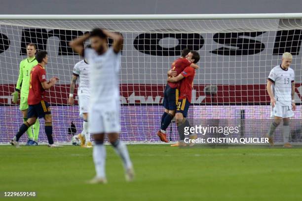 Spain's midfielder Mikel Oyarzabal celebrates after scoring his team's sixth goal during the UEFA Nations League footbal match between Spain and...