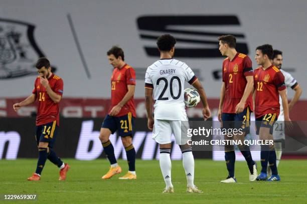 Spain's players celebrate their sixth goal scored by Spain's midfielder Mikel Oyarzabal during the UEFA Nations League footbal match between Spain...