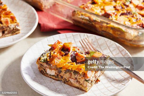 Next Day Turkey and Cranberry Sriracha Strata photographed for Voraciously in Arlington, Virginia on November 9, 2020.