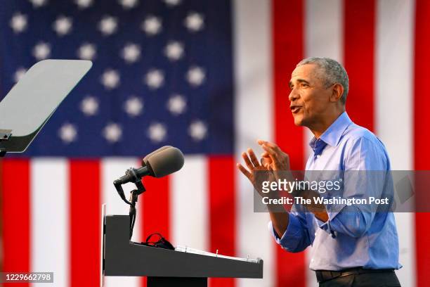 Former President Barack Obama speaks in support of Joe Biden during a drive-in rally in Philadelphia, Pennsylvania, on October 21, 2020.