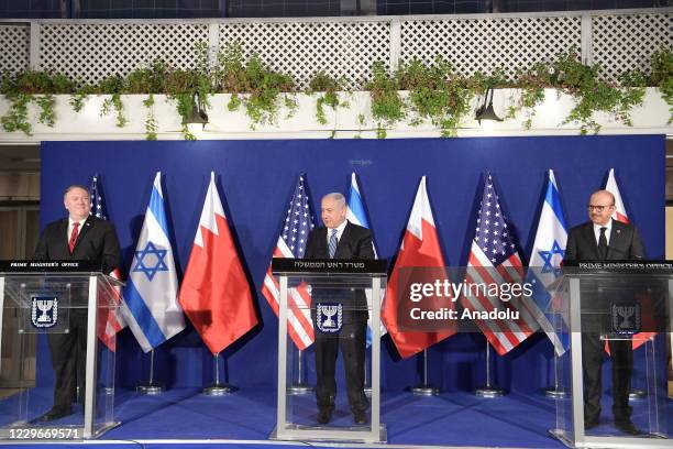 Israeli Prime Minister Benjamin Netanyahu , US Secretary of State Mike Pompeo and Bahraini Minister for Foreign Affairs Abdullatif bin Rashid Al...