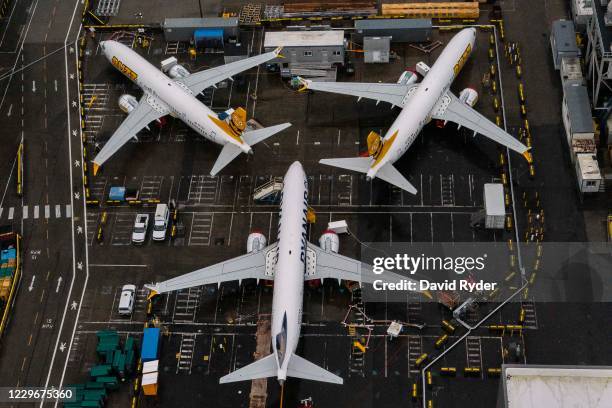 Boeing 737 Max airplanes sit parked at the company's production facility on November 18, 2020 in Renton, Washington. The U.S. Federal Aviation...