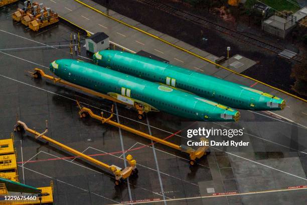 Fuselages for Boeing 737 Max airplanes sit parked at the company's production facility on November 18, 2020 in Renton, Washington. The U.S. Federal...