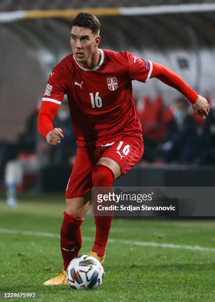 Dusan Vlahovic of Serbia in action during the UEFA Nations League group stage match between Serbia and Russia at Rajko Mitic Stadium on November 18,...