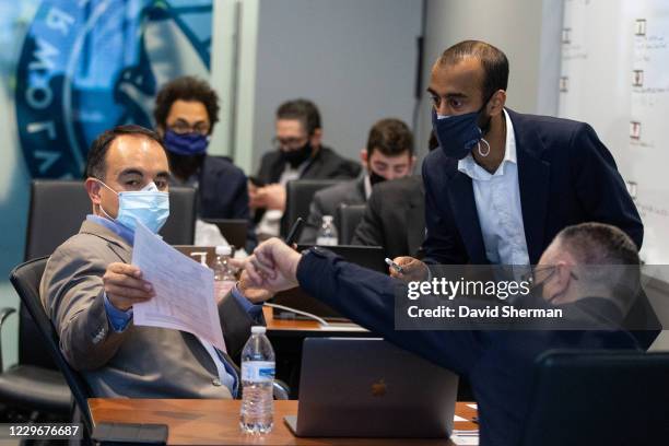 Gersson Rosas, President of Basketball Operations of the Minnesota Timberwolves, and members of his staff in the team operations room during the 2020...