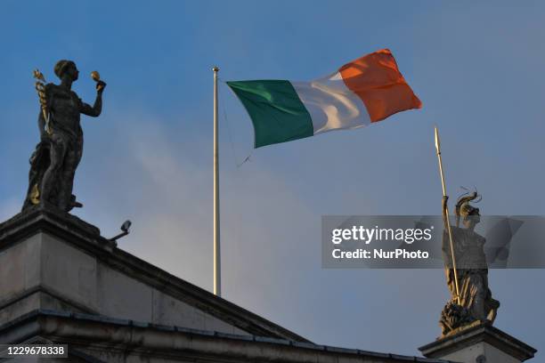 An Irish tricolor flag seen on the top of the General Post Office in Dublin's city centre. On Wednesday, November 18 in Dublin, Ireland.