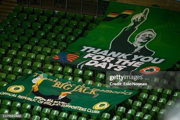 Dublin , Ireland - 18 November 2020; A tribute flag to Jack Charlton prior to the UEFA Nations League B match between Republic of Ireland and...