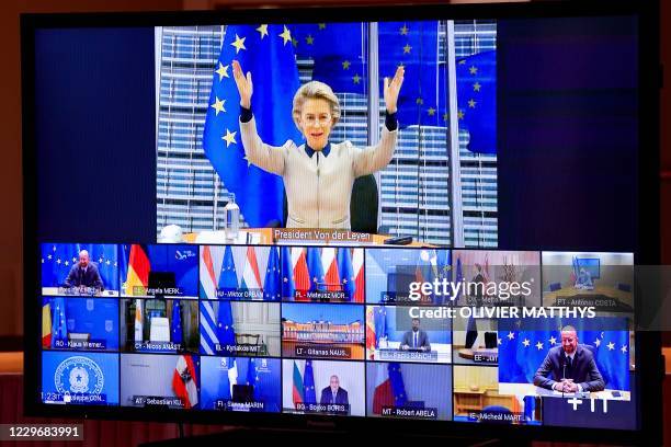 European Commission President Ursula von der Leyen gestures as she talks with European Union leaders during an EU Summit video conference at the...