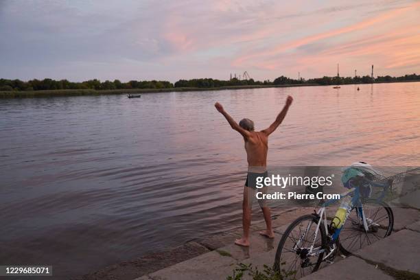 Swimmer on the Dnieper river on September 28, 2020 in Kershon, Ukraine.