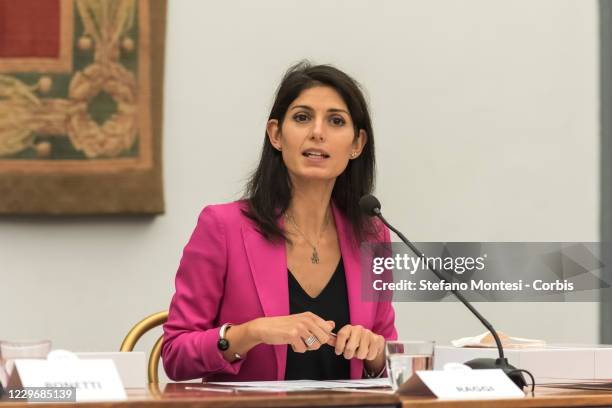 The Mayor of Rome Virginia Raggi attend to the presentation of the calendar "Just Love Me" against the violence on the women in Campidoglio on...