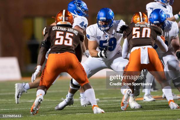 Buffalo Bulls Offensive Lineman Jake Fuzak gets into position to block Bowling Green Falcons Linebacker Kholbe Coleman during the second half of the...