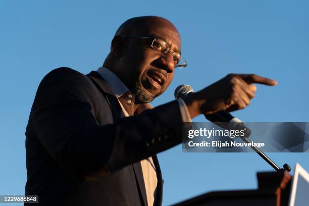 Democratic U.S. Senate candidate Raphael Warnock speaks at a campaign event on November 19, 2020 in Jonesboro, Georgia. Democratic U.S. Senate...