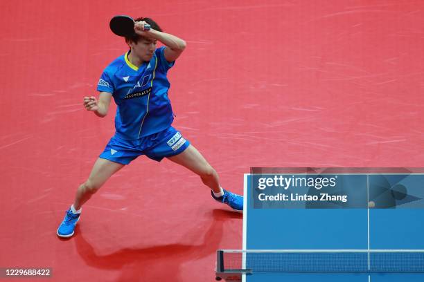 Koki Niwa of Japan competes against Lin Gaoyuan of China in the men's Singles - Round of 16 during day two of 2020 ITTF Finals at Zhengzhou Olympic...