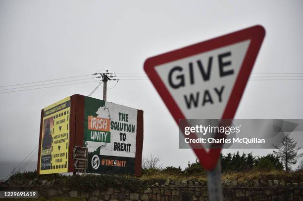 An anti Brexit billboard can be seen on the border between Northern Ireland and the Republic of Ireland on November 19, 2020 in Newry, Northern...