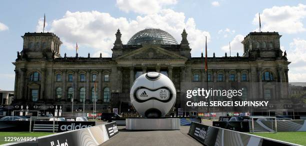 Huge replica of the official World Cup 2006 football stands at a supporters park in front of The Bundestag, Germany's parliamentary building in...