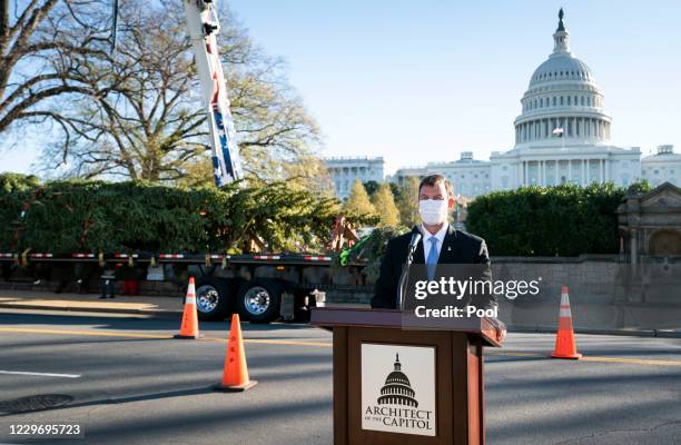 Architect of the Capitol J. Brett Blanton delivers remarks as he accepts the 2020 U.S. Capitol Christmas Tree, on the grounds of the U.S. Capitol on...