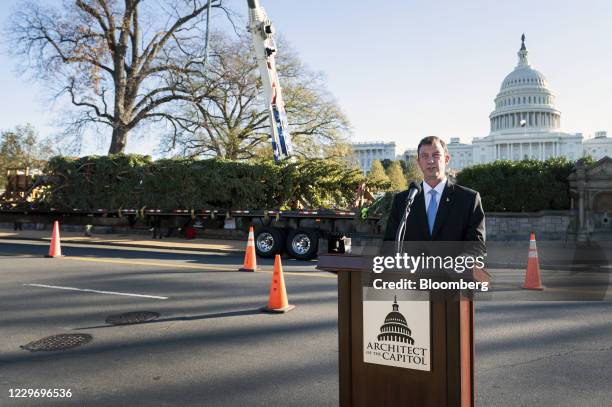 Brett Blanton, architect of the Capitol, speaks during the Christmas tree arrival ceremony at the U.S. Capitol, in Washington, D.C., U.S., on Friday,...