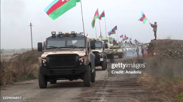 Azerbaijani Army enter Agdam district in Nagorno-Karabakh following 27 years with armored vehicles on November 20, 2020.The ministry said in a...