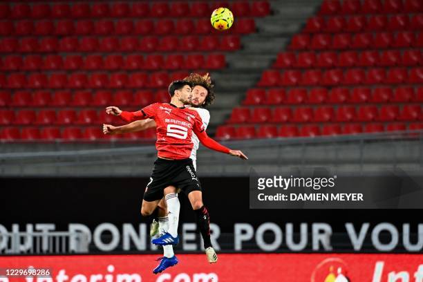 Rennes' French forward Martin Terrier fights for the ball with Bordeaux's French defender Paul Baysse during the French L1 football match between...