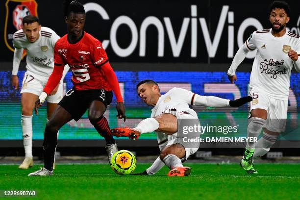 Rennes' French midfielder Eduardo Camavinga fights for the ball with Bordeaux's French forward Hatem Ben Arfa during the French L1 football match...