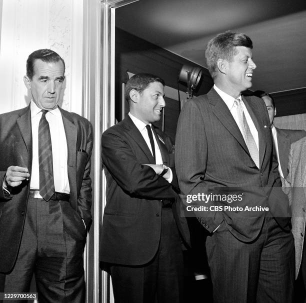 Senator John F. Kennedy waits to be interviewed by newsman Edward R. Murrow , producer Don Hewitt stands by, at the Democratic National Convention in...