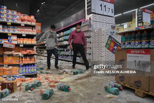 Picture taken after demonstrators threw products to the floor at a supermarket Carrefour in Sao Paulo, Brazil, on November 20, 2020 on Black...