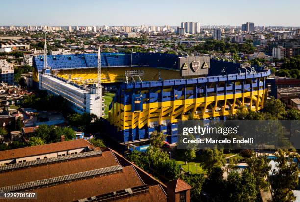 Aerial view of Estadio Alberto J. Armando before a match between Boca Juniors and Lanus as part of Copa Liga Profesional 2020 at Estadio Alberto J....