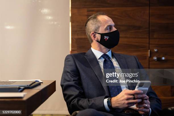 Arturas Karnisovas of the Chicago Bulls behind the scenes at the Bulls Draft War Room during the 2020 Virtual NBA Draft on November 18, at the...