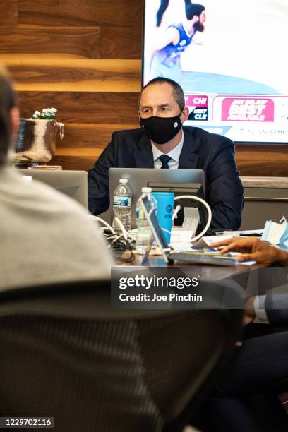 Arturas Karnisovas of the Chicago Bulls and members of his staff behind the scenes during the 2020 Virtual NBA Draft on November 18, at the Advocate...